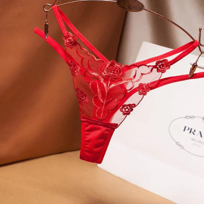 Rose Sheer | Prześwitujące stringi z haftem w róże